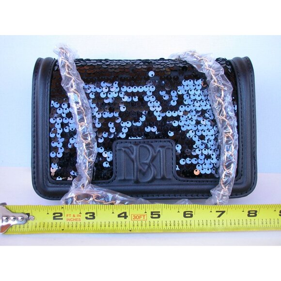 Badgley Mischka Black Vegan Leather Sequin Clutch Purse With Detachable Strap 7. - Picture 6 of 8